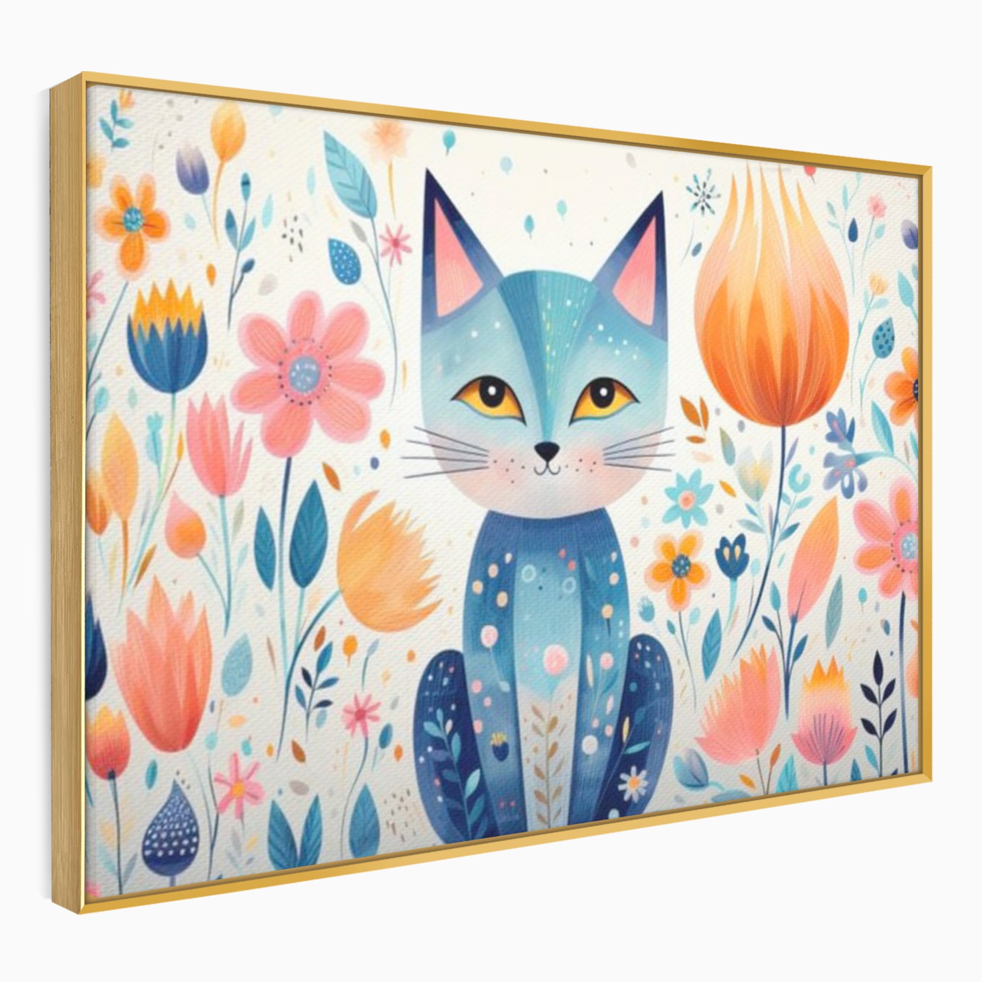 Tablou canvas cu ilustratie digitala cu pisica albastra si flori, in rama de aluminiu auriu